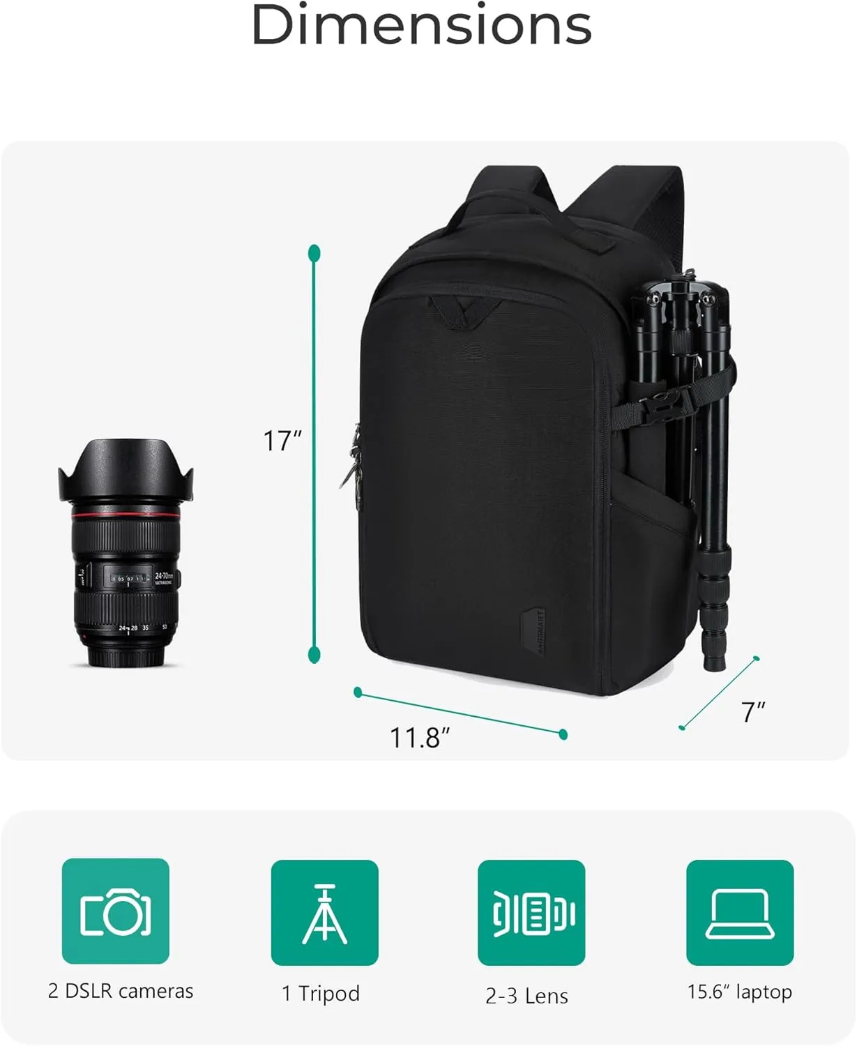 BAGSMART Camera Bag, DSLR SLR Camera Backpack Fits up to 15.6" Laptop, Camera Case for Photographers with Waterproof Rain Cover, Tripod Holder, Black