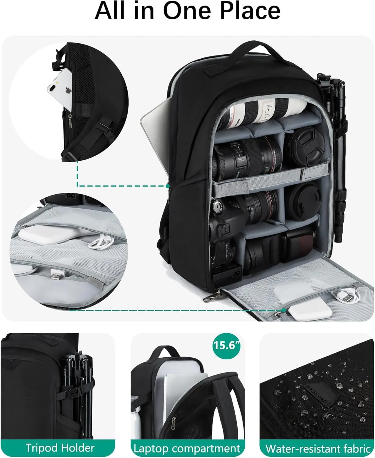 BAGSMART Camera Bag, DSLR SLR Camera Backpack Fits up to 15.6" Laptop, Camera Case for Photographers with Waterproof Rain Cover, Tripod Holder, Black