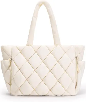 BAGSMART Tote Bag for Women, Quilted Puffer Tote Bag with Compartments, Shoulder Handbag Work Bag with Zipper for Travel