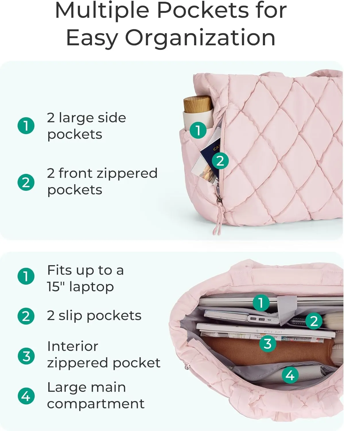 BAGSMART Tote Bag for Women, Quilted Puffer Tote Bag with Compartments, Shoulder Handbag Work Bag with Zipper for Travel