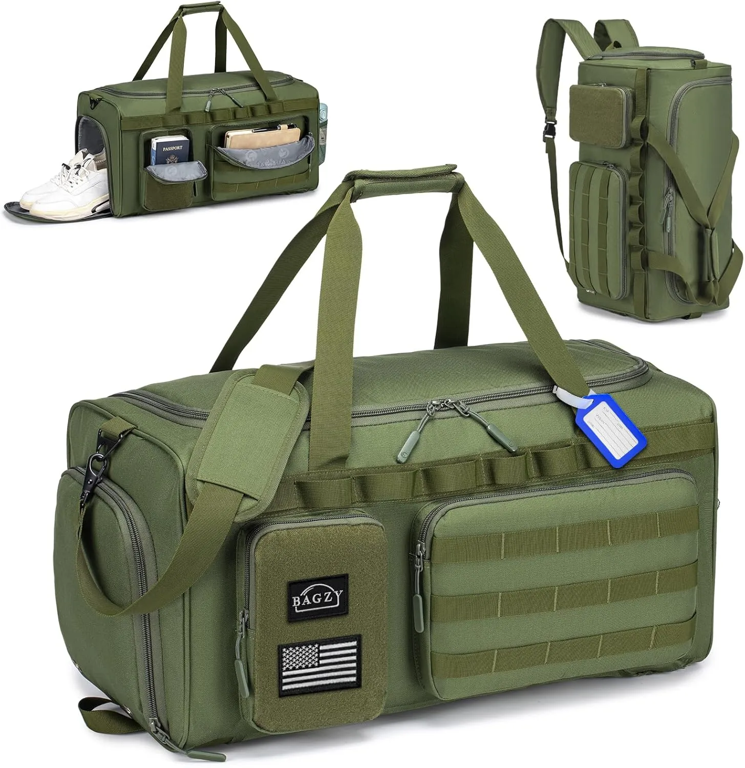 BAGZY 3 In 1 Military Tactical Gym Bag for Men Sports Duffle Bag 55L with Shoe Compartment Travel Backpack for Fitness Weekender Overnight Workout Green