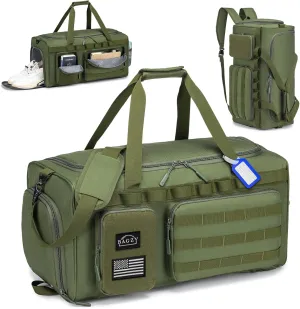 BAGZY 3 In 1 Military Tactical Gym Bag for Men Sports Duffle Bag 55L with Shoe Compartment Travel Backpack for Fitness Weekender Overnight Workout Green