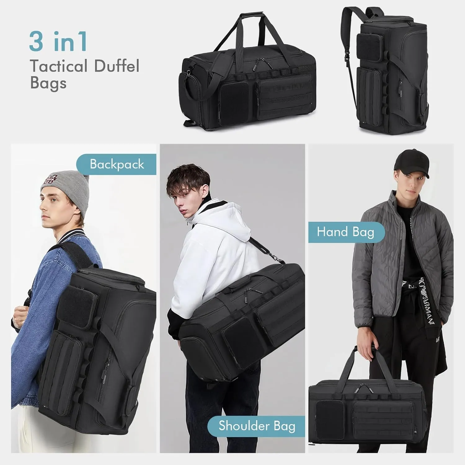 BAGZY 3 In 1 Military Tactical Gym Bag for Men Sports Duffle Bag 55L with Shoe Compartment Travel Backpack for Fitness Weekender Overnight Workout Green