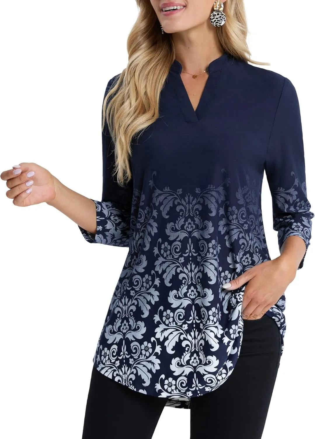 BAISHENGGT Womens 3/4 Sleeve Floral Printed Notch V Neck Blouses Tunics Tops
