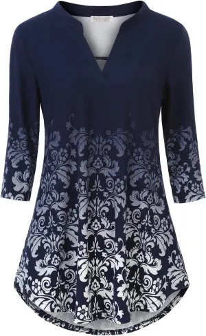 BAISHENGGT Womens 3/4 Sleeve Floral Printed Notch V Neck Blouses Tunics Tops