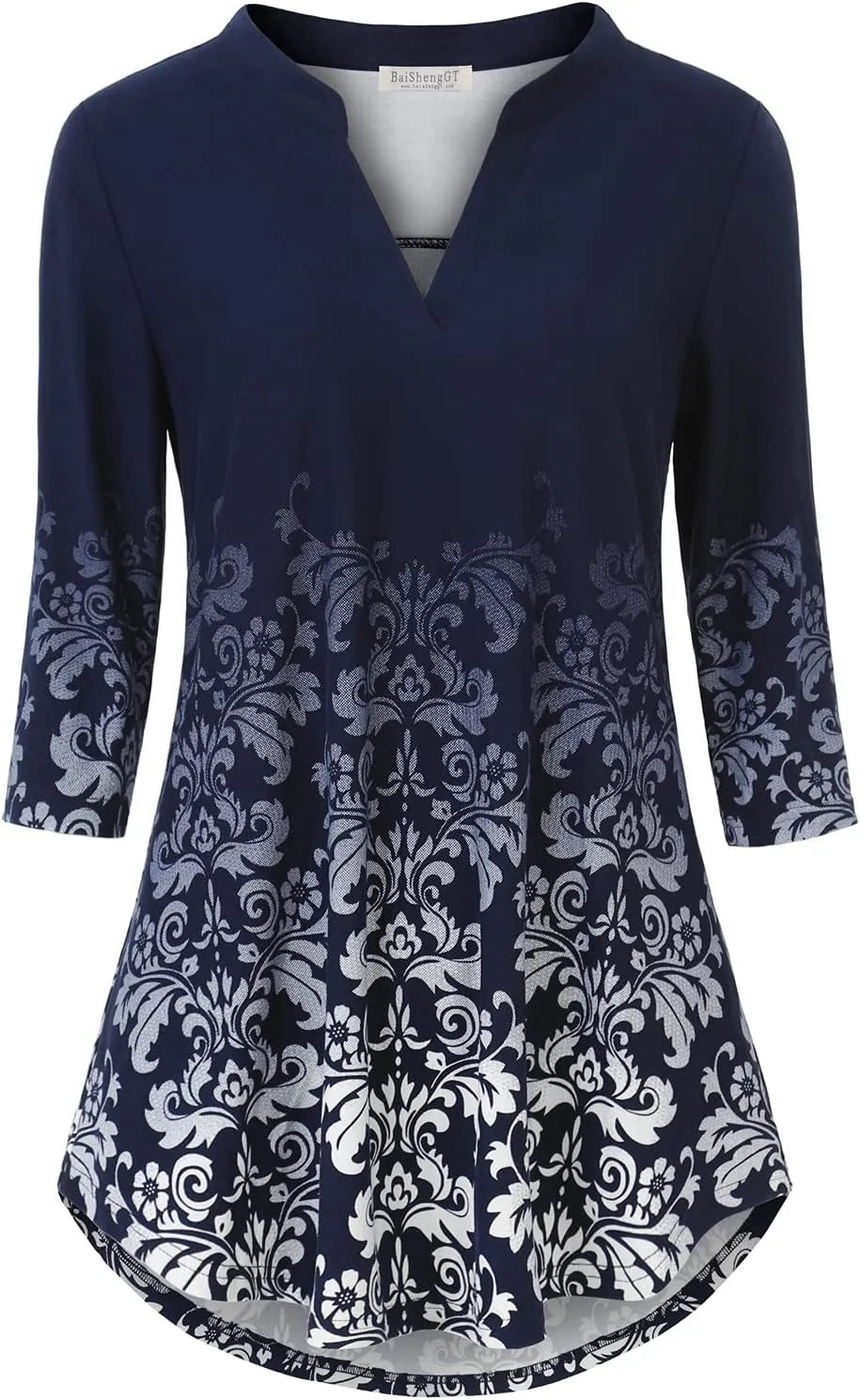BAISHENGGT Womens 3/4 Sleeve Floral Printed Notch V Neck Blouses Tunics Tops