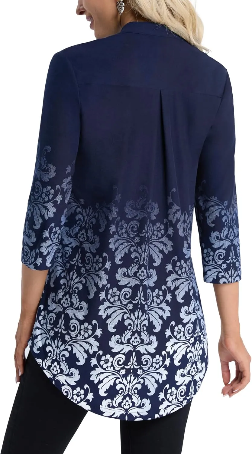 BAISHENGGT Womens 3/4 Sleeve Floral Printed Notch V Neck Blouses Tunics Tops