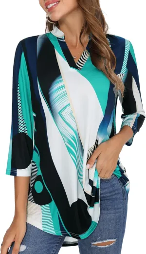 BAISHENGGT Womens 3/4 Sleeve Floral Printed Notch V Neck Blouses Tunics Tops