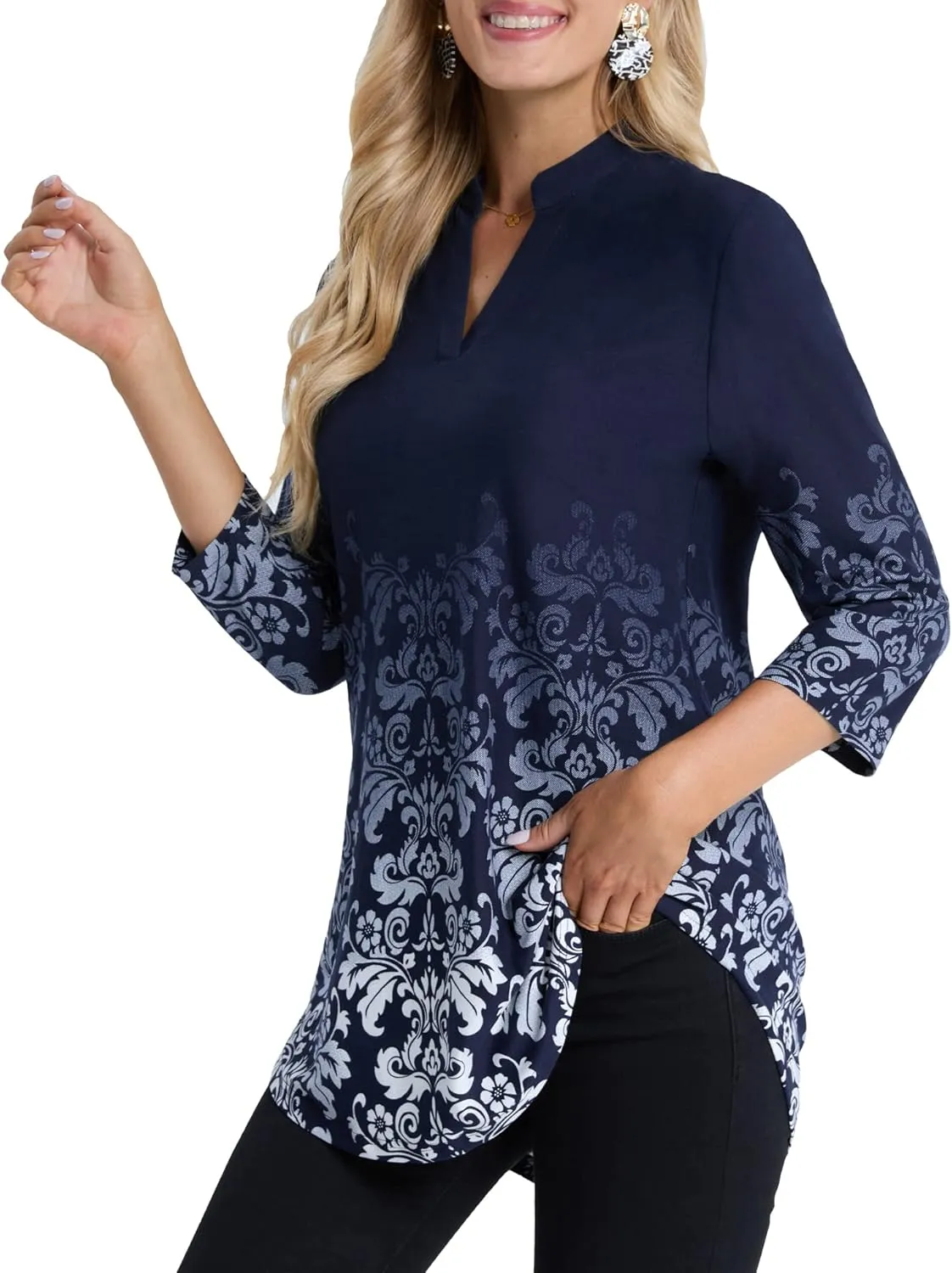 BAISHENGGT Womens 3/4 Sleeve Floral Printed Notch V Neck Blouses Tunics Tops