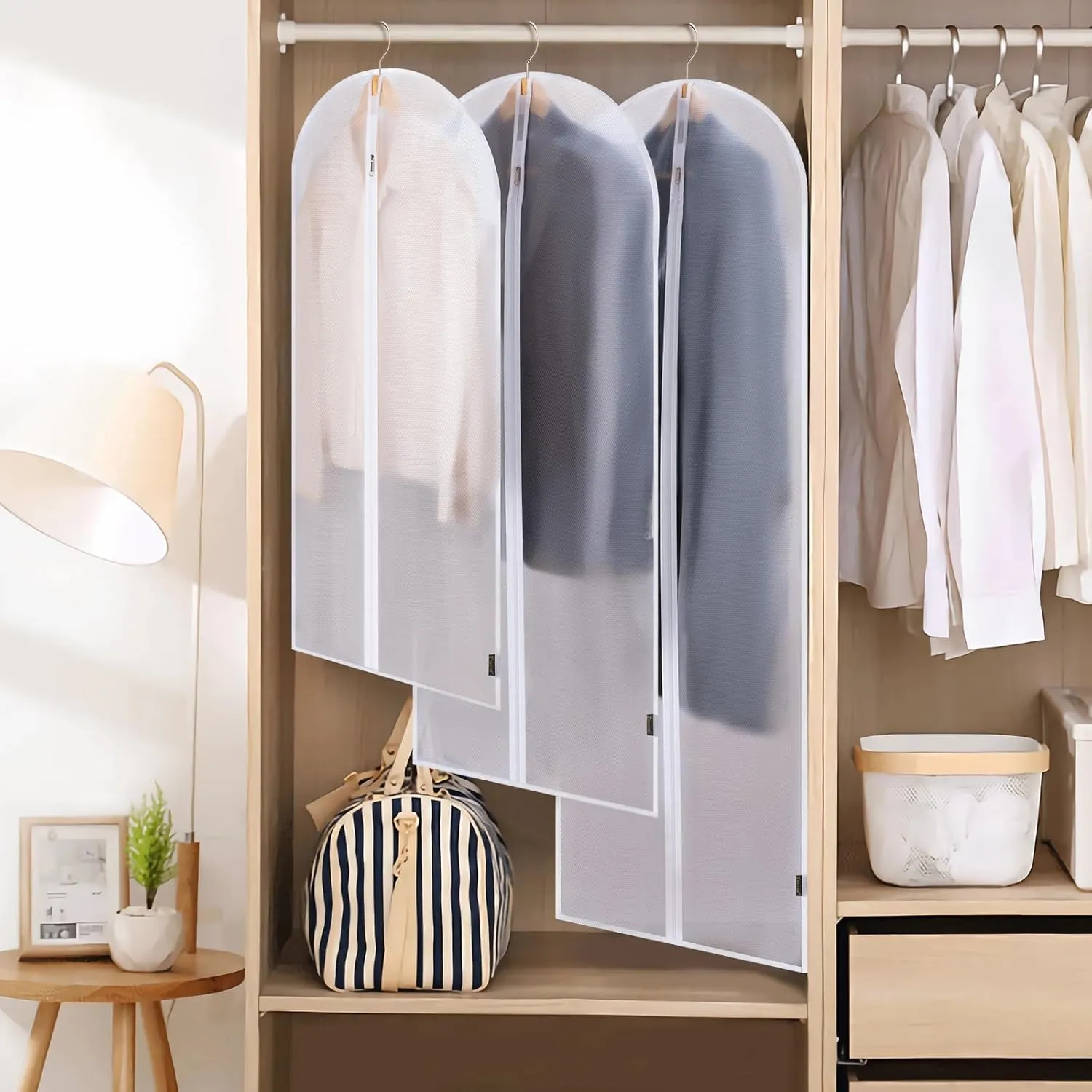 BALEINE 40'' Translucent Garment Bags, 12 Packs PEVA Dress Bag for Closet Clothes Dresses Suit Coats Storage (White, 12PK)