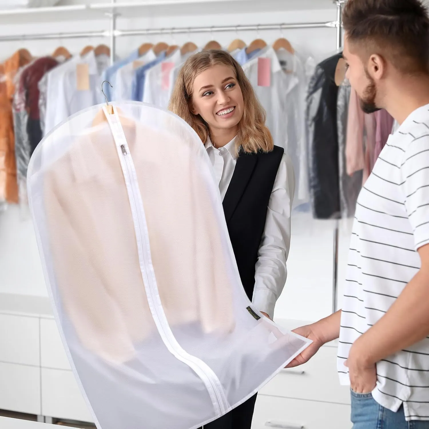 BALEINE 40'' Translucent Garment Bags, 12 Packs PEVA Dress Bag for Closet Clothes Dresses Suit Coats Storage (White, 12PK)
