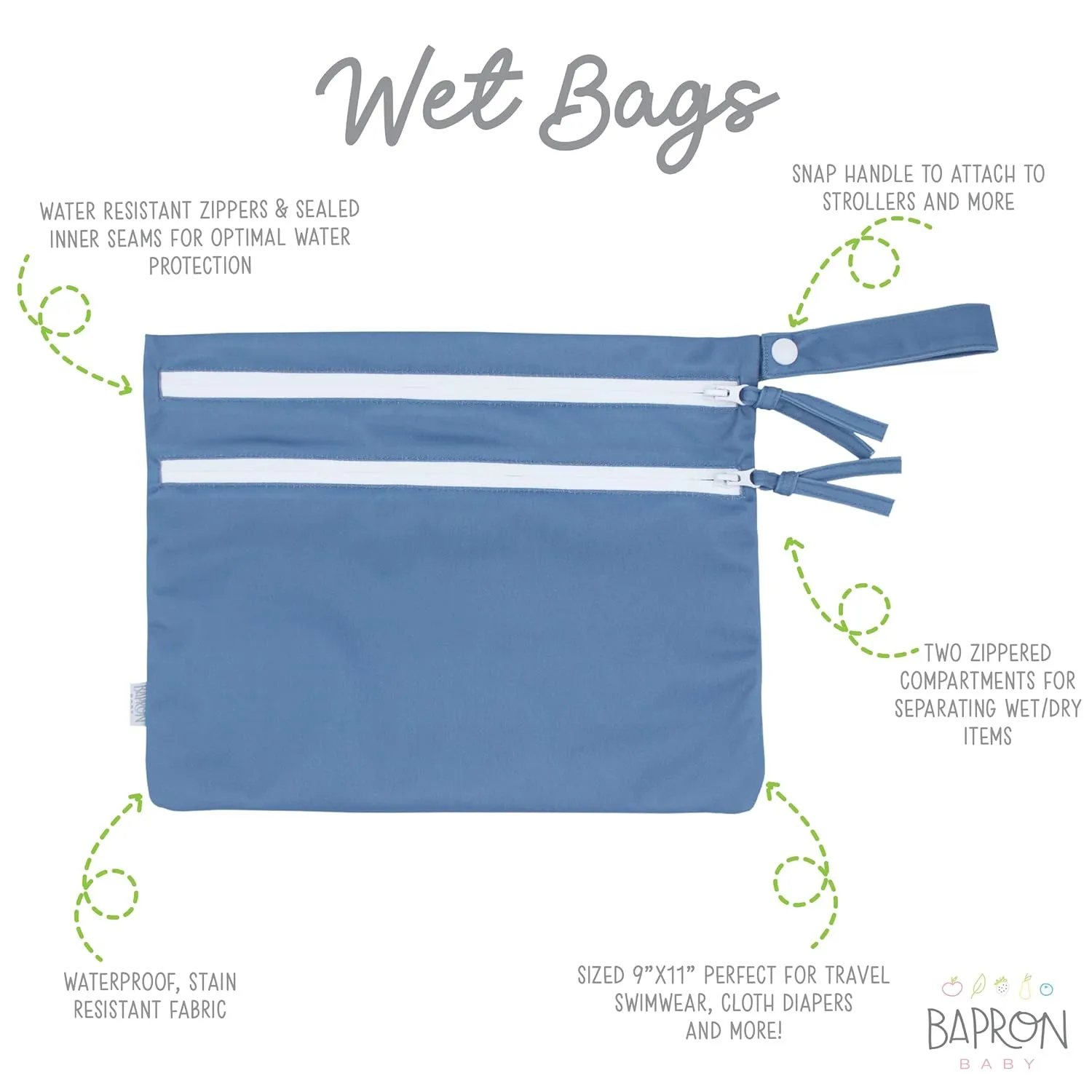 BapronBaby Minimalist Dusty Blue Wet Dry Bag - Waterproof Two Zipper Pockets - Reusable for Mealtime, Diapers, Stroller, Snacks, Swimsuits - Machine Washable - 11" x 9"