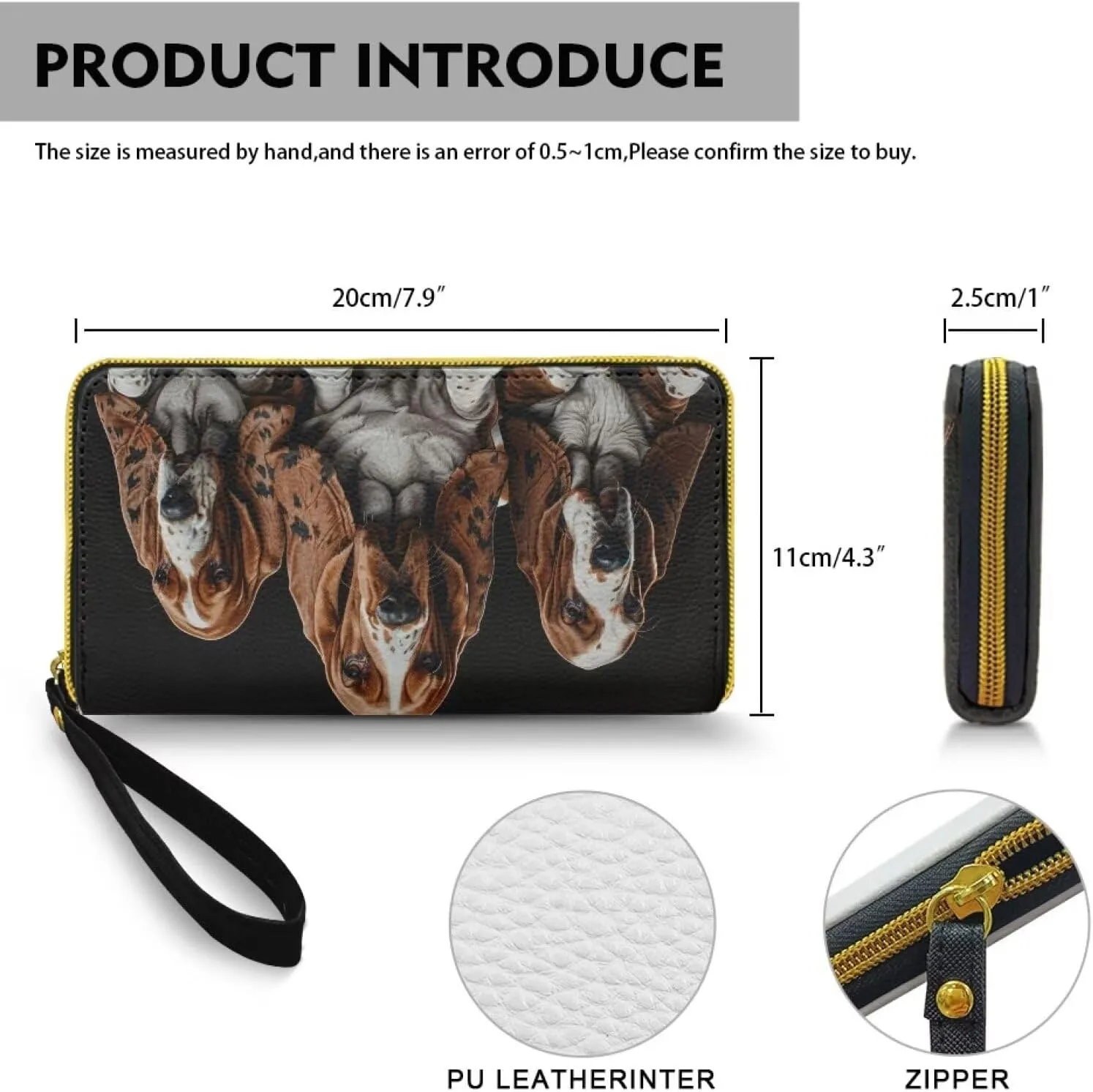 Basset Hound Wristlet Handbags for Women, Slim Zipper Wallet with Strap Leather Bifold Wallet Women Long Clutch Purse for Shopping Party Work, Black and Brown