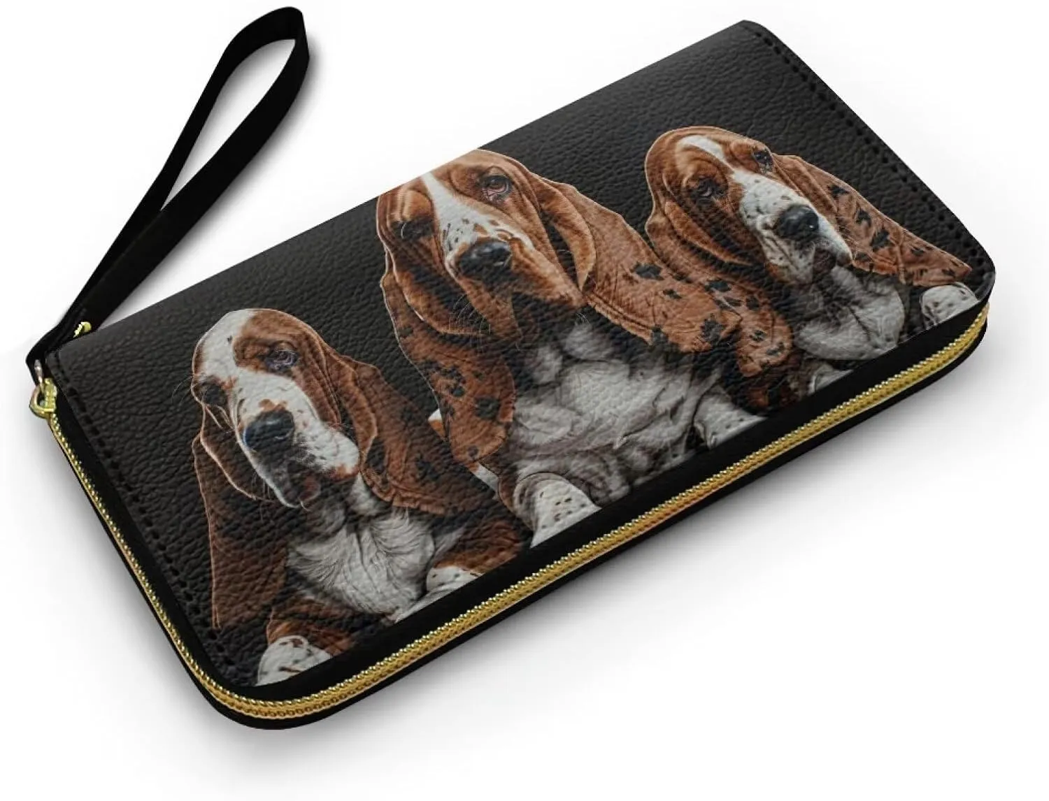 Basset Hound Wristlet Handbags for Women, Slim Zipper Wallet with Strap Leather Bifold Wallet Women Long Clutch Purse for Shopping Party Work, Black and Brown