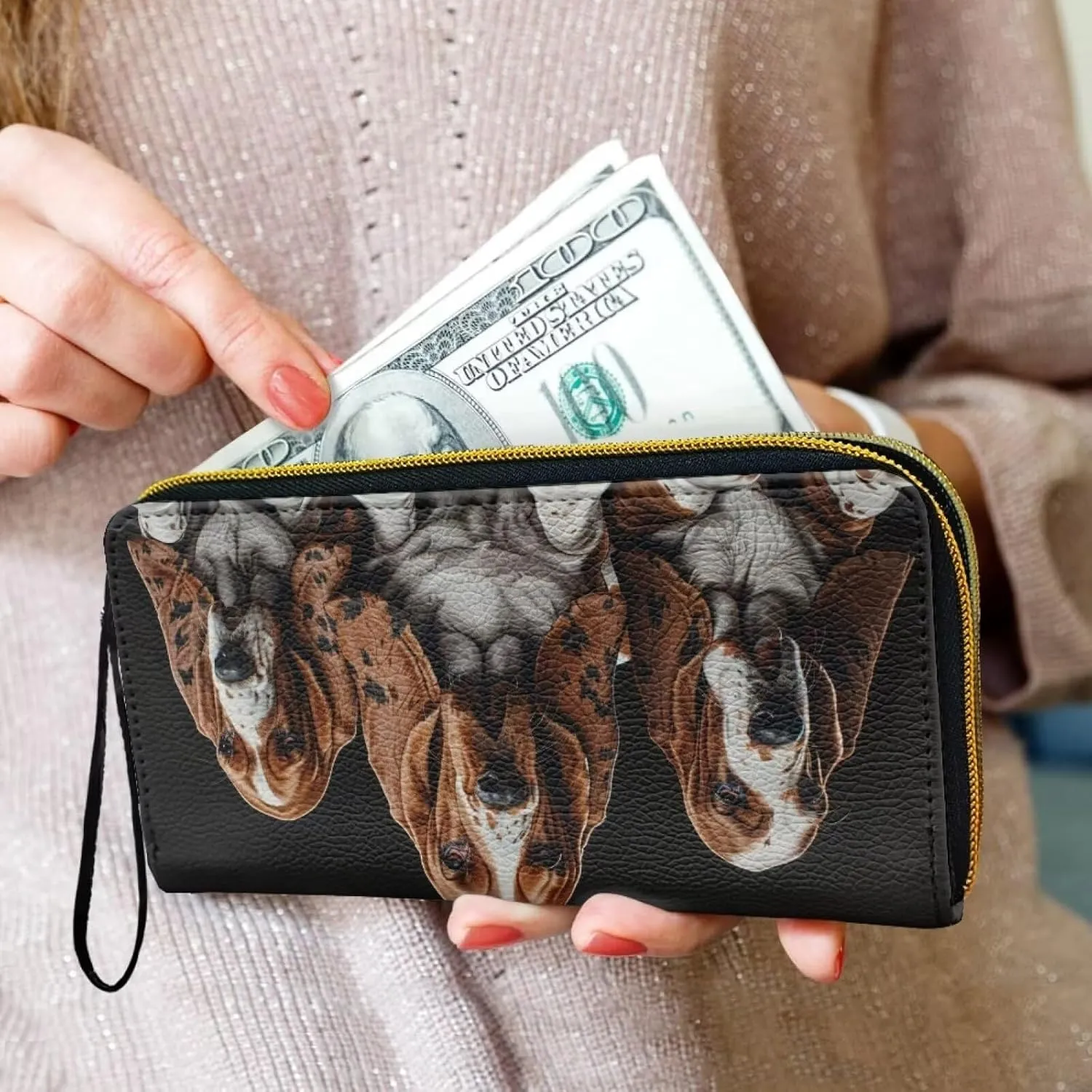 Basset Hound Wristlet Handbags for Women, Slim Zipper Wallet with Strap Leather Bifold Wallet Women Long Clutch Purse for Shopping Party Work, Black and Brown
