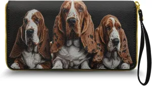 Basset Hound Wristlet Handbags for Women, Slim Zipper Wallet with Strap Leather Bifold Wallet Women Long Clutch Purse for Shopping Party Work, Black and Brown