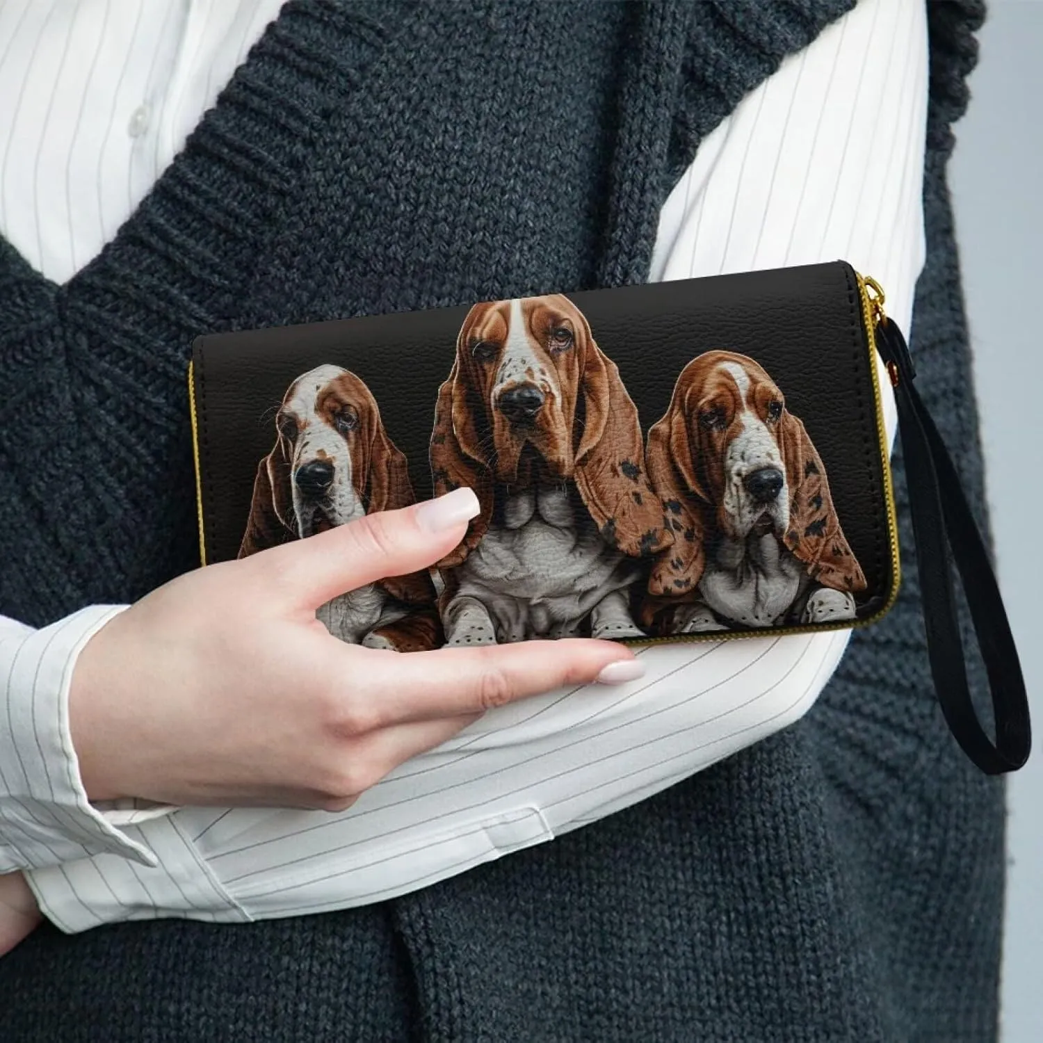 Basset Hound Wristlet Handbags for Women, Slim Zipper Wallet with Strap Leather Bifold Wallet Women Long Clutch Purse for Shopping Party Work, Black and Brown