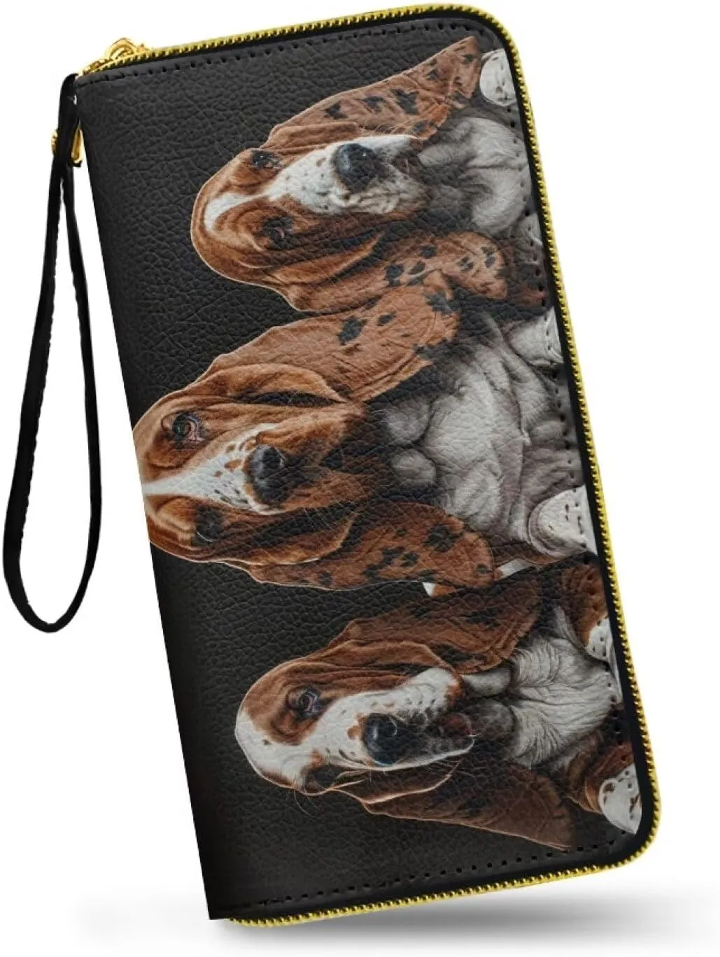 Basset Hound Wristlet Handbags for Women, Slim Zipper Wallet with Strap Leather Bifold Wallet Women Long Clutch Purse for Shopping Party Work, Black and Brown