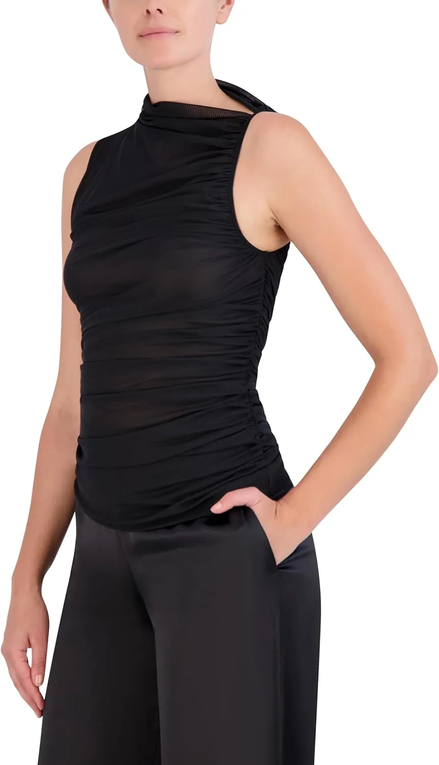 BCBGMAXAZRIA Women's Sleeveless Asymmetrical Neck Pullover Mesh Top