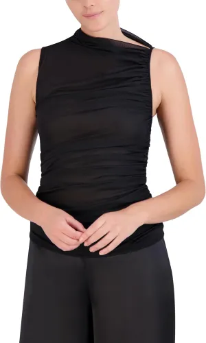 BCBGMAXAZRIA Women's Sleeveless Asymmetrical Neck Pullover Mesh Top