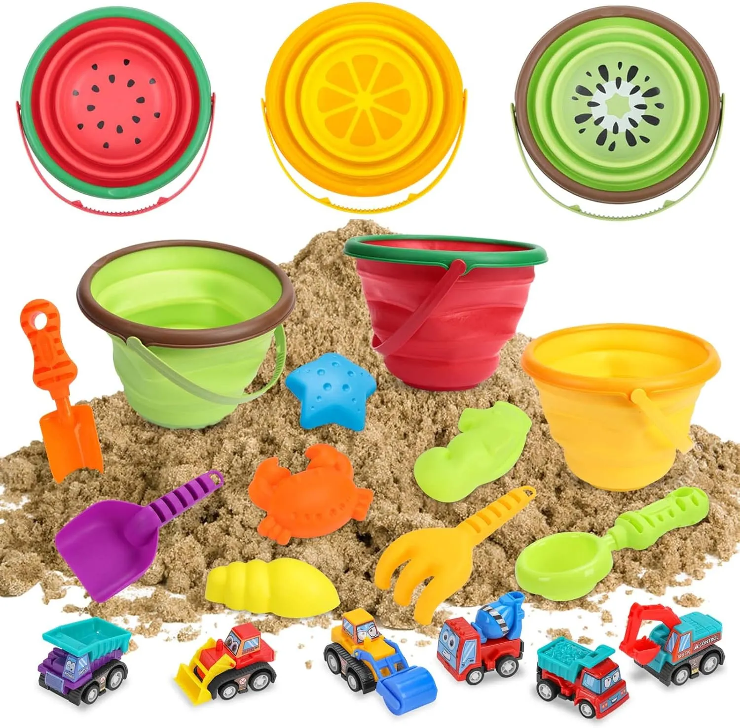 Beach Toys for Kids, Silicone Collapsible Foldable Beach Bucket Travel Beach Toys for Summer Outdoor Camping and Fishing Tub with Sand Molds Shovels Rakes for Toddlers Boys Girls 2.5L 3PCS