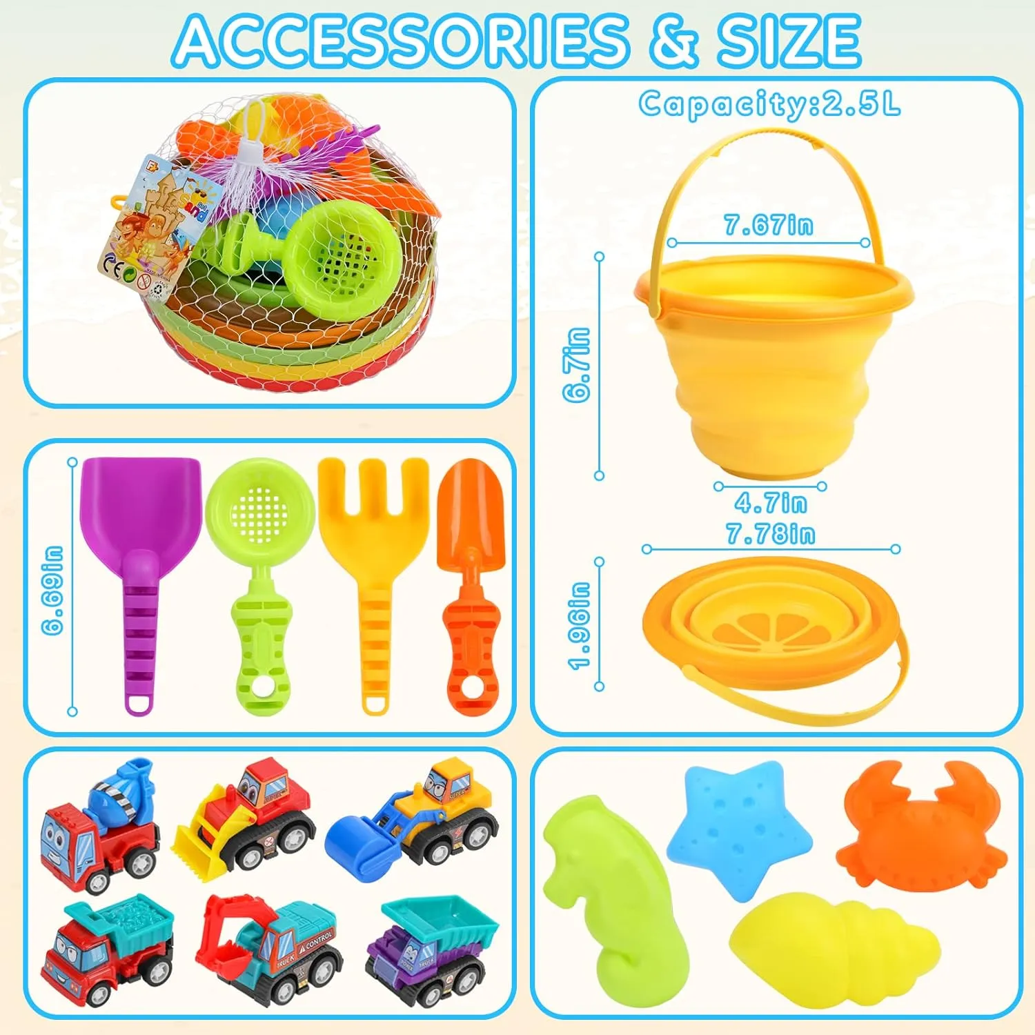 Beach Toys for Kids, Silicone Collapsible Foldable Beach Bucket Travel Beach Toys for Summer Outdoor Camping and Fishing Tub with Sand Molds Shovels Rakes for Toddlers Boys Girls 2.5L 3PCS