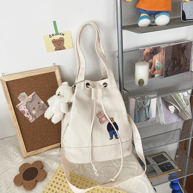 Bear Drawstring Bucket Shoulder Bag