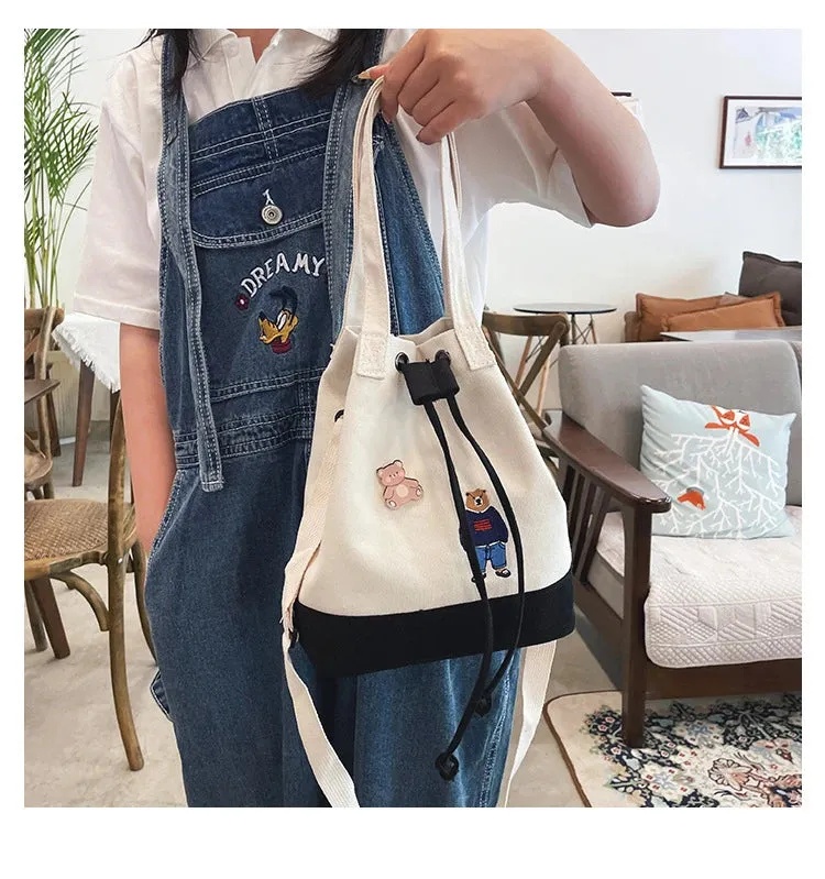 Bear Drawstring Bucket Shoulder Bag