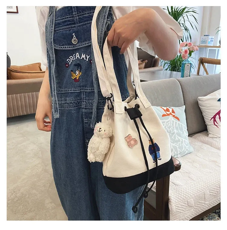Bear Drawstring Bucket Shoulder Bag
