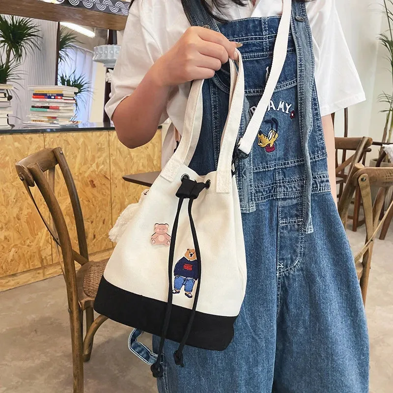 Bear Drawstring Bucket Shoulder Bag