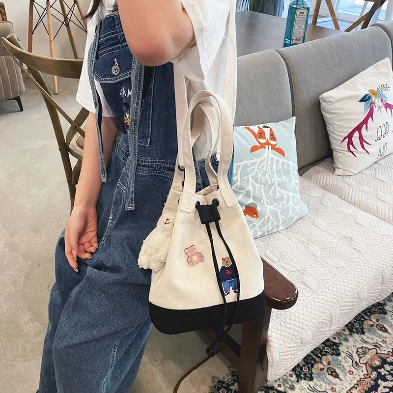 Bear Drawstring Bucket Shoulder Bag