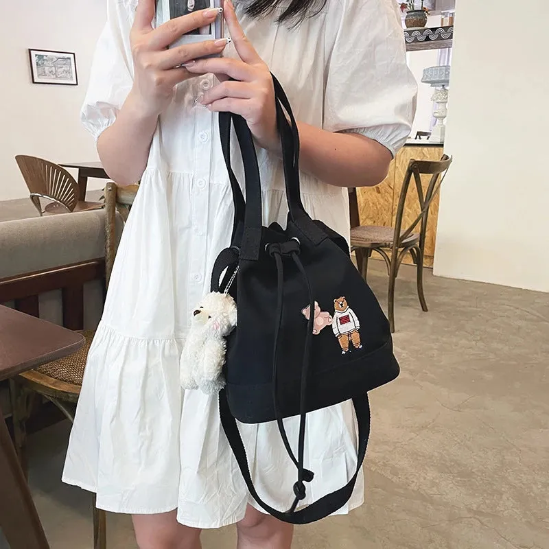 Bear Drawstring Bucket Shoulder Bag