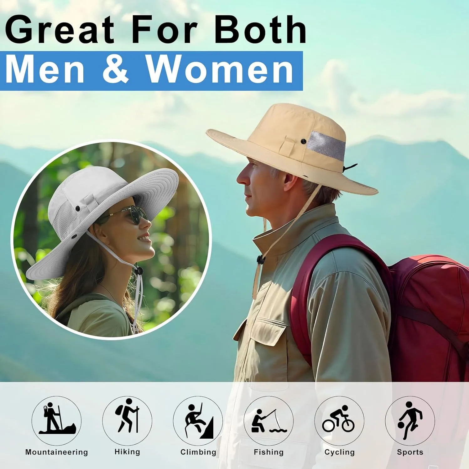 BEARAE Fishing Hat, UPF 50  UV Protection Hiking Beach Bucket Hat, Adjustable Waterproof Wide Brim Sun Hats for Men Women
