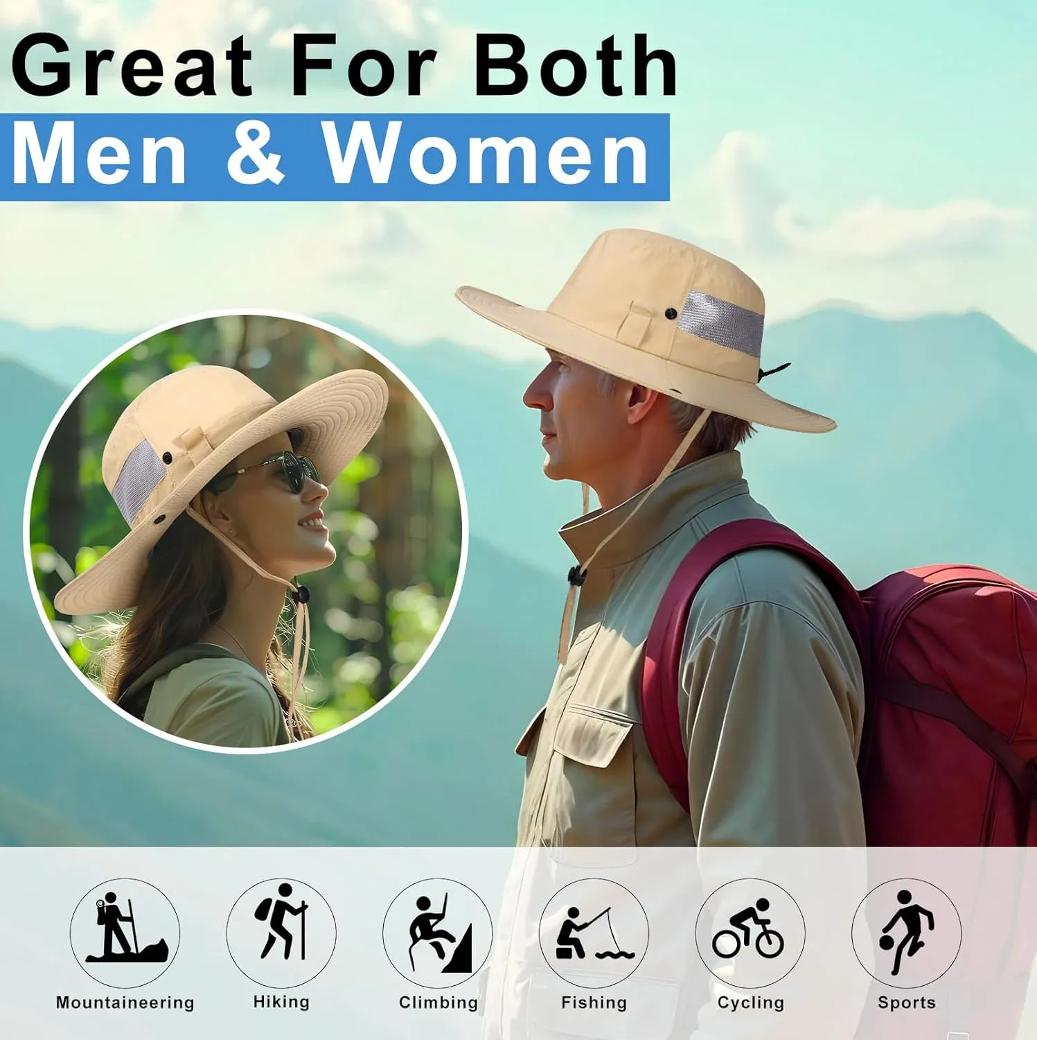 BEARAE Fishing Hat, UPF 50  UV Protection Hiking Beach Bucket Hat, Adjustable Waterproof Wide Brim Sun Hats for Men Women
