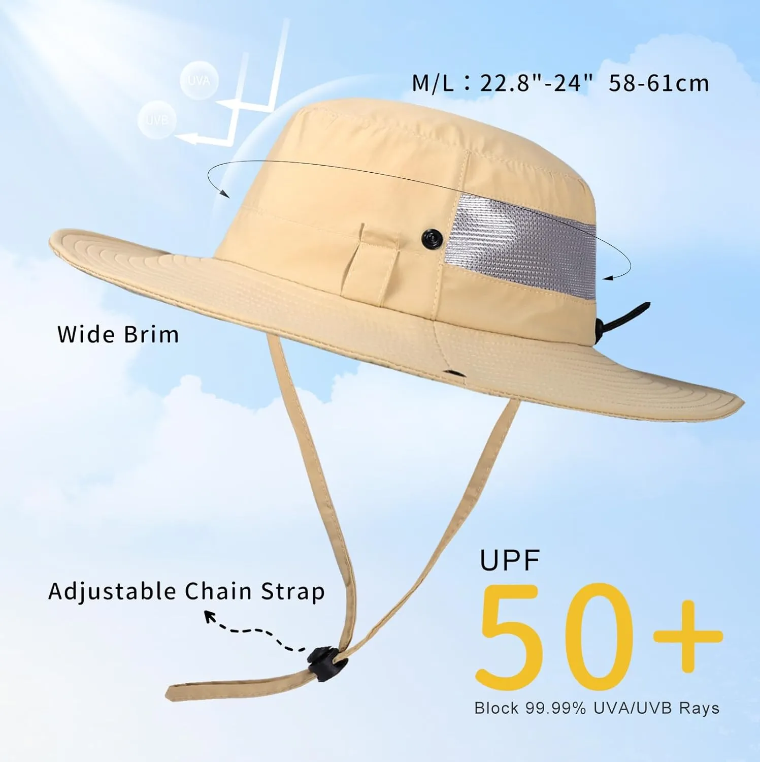BEARAE Fishing Hat, UPF 50  UV Protection Hiking Beach Bucket Hat, Adjustable Waterproof Wide Brim Sun Hats for Men Women