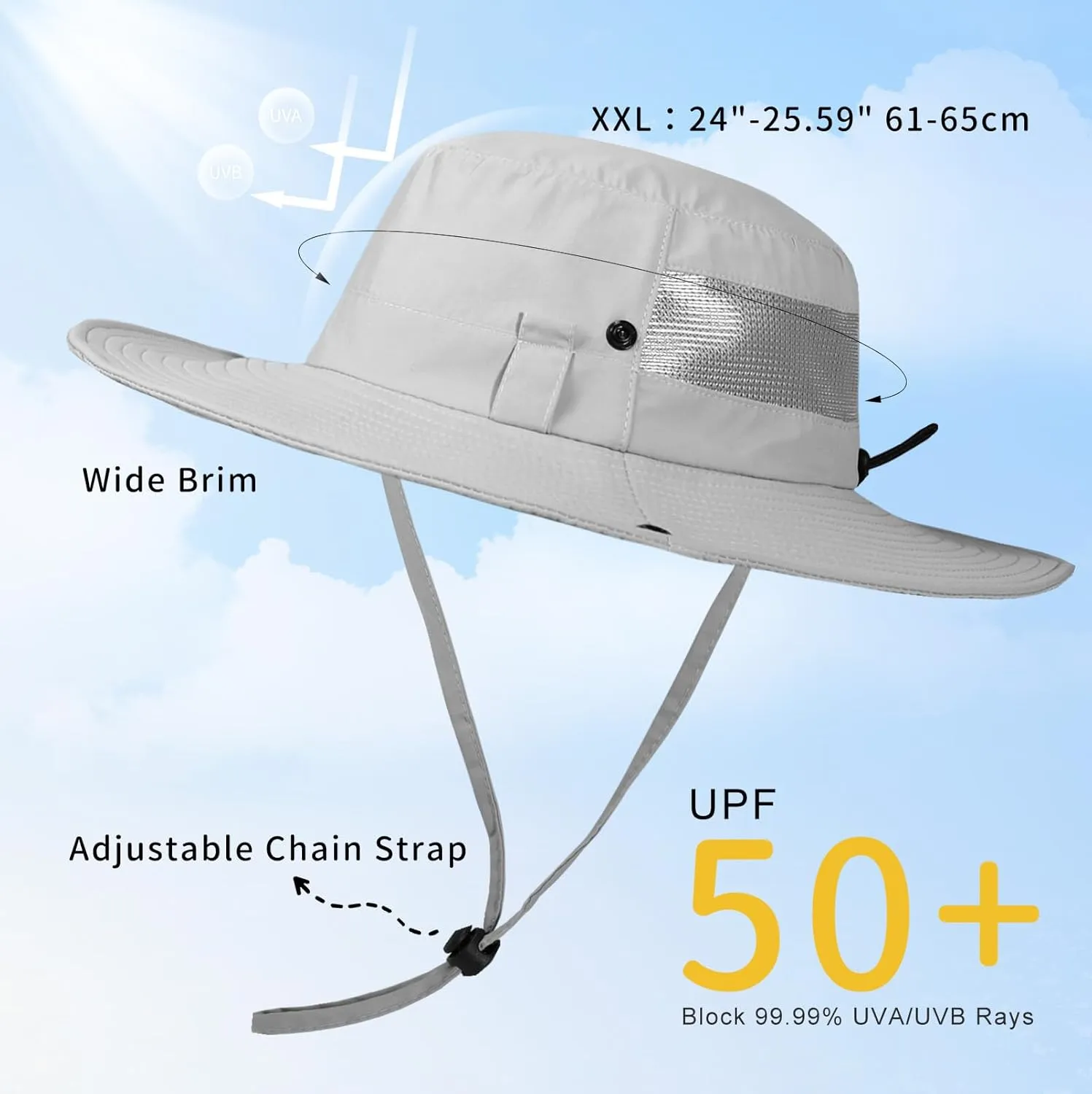BEARAE Fishing Hat, UPF 50  UV Protection Hiking Beach Bucket Hat, Adjustable Waterproof Wide Brim Sun Hats for Men Women