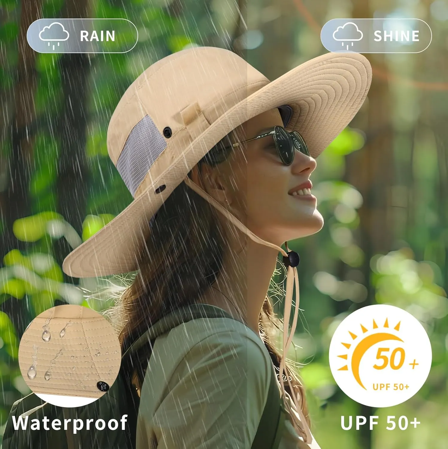 BEARAE Fishing Hat, UPF 50  UV Protection Hiking Beach Bucket Hat, Adjustable Waterproof Wide Brim Sun Hats for Men Women