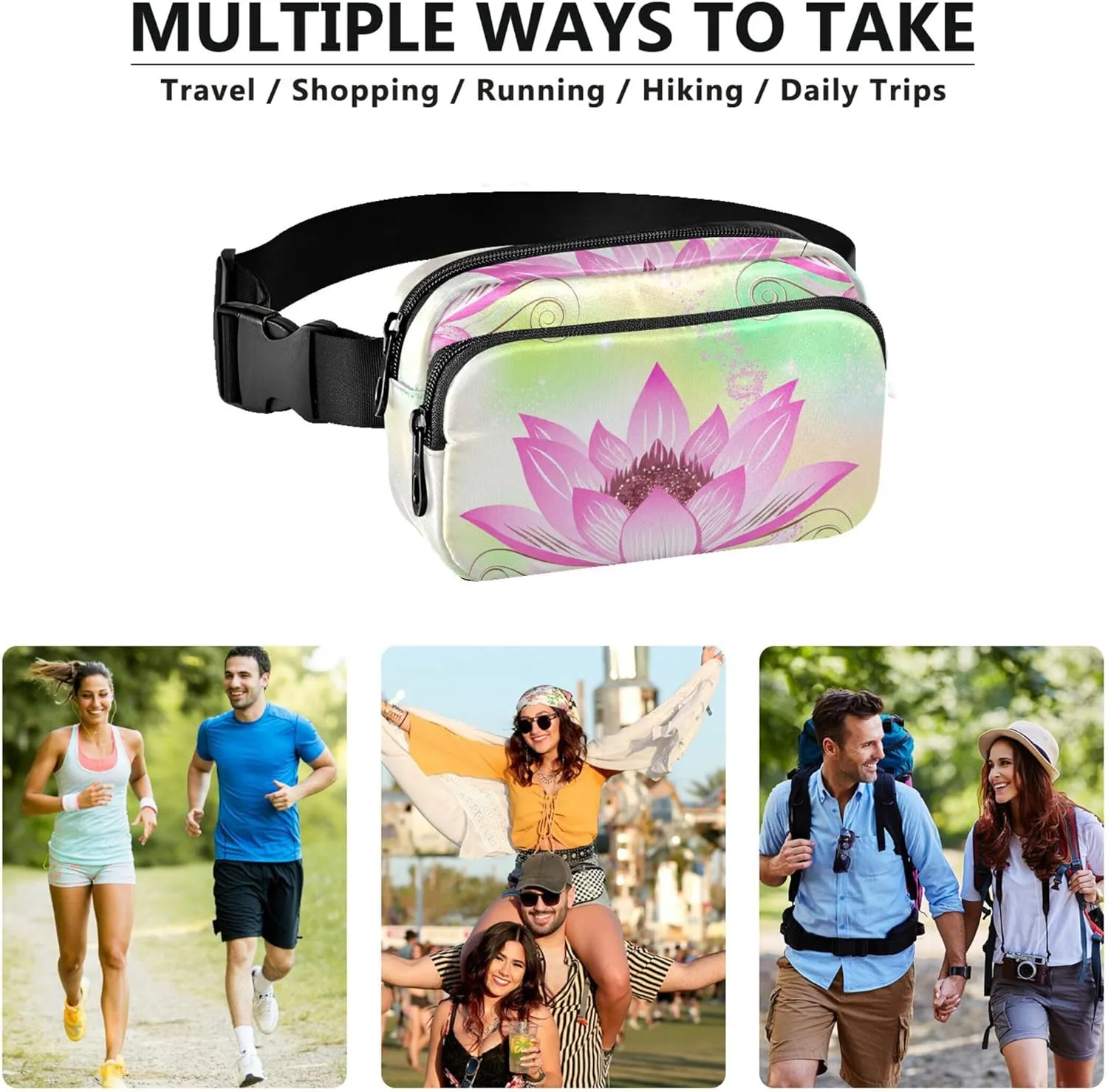 Beautiful Pink Lotus Flower Fanny Packs Women Waterproof Anti Theft Belt Bag Cute Cross Body Waist Pack