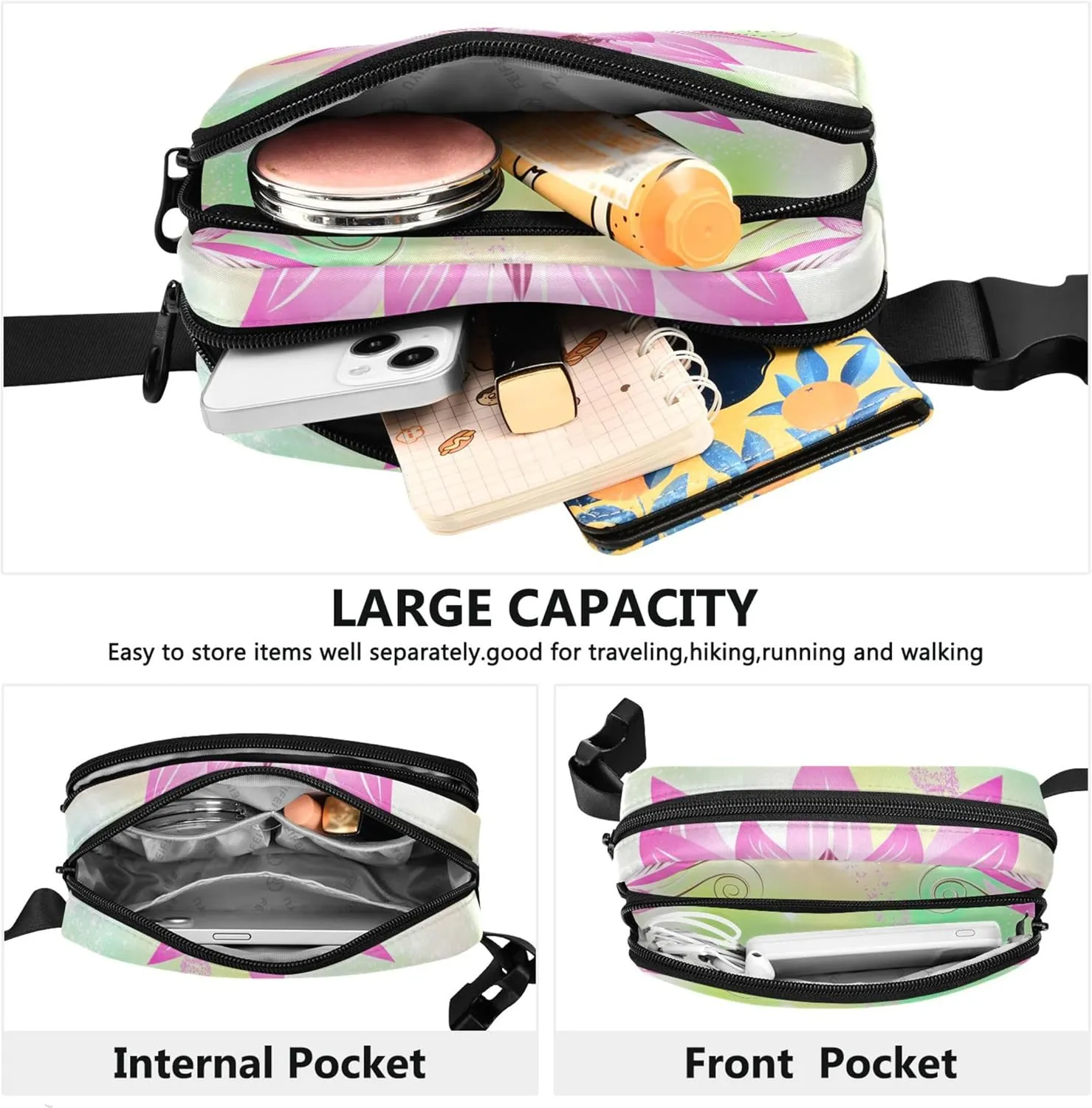 Beautiful Pink Lotus Flower Fanny Packs Women Waterproof Anti Theft Belt Bag Cute Cross Body Waist Pack