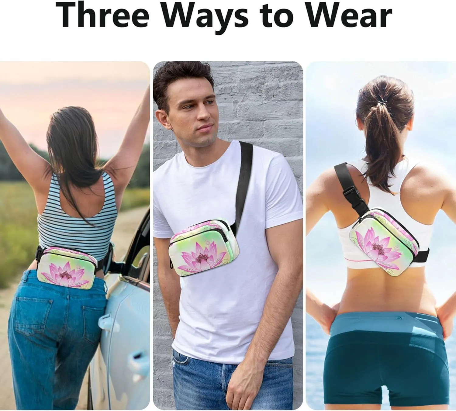 Beautiful Pink Lotus Flower Fanny Packs Women Waterproof Anti Theft Belt Bag Cute Cross Body Waist Pack