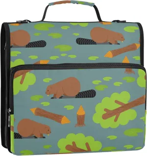 Beaver and Tree Zipper Binder, 1.5 inch 3 Ring Binder Organizer Bag with Shoulder Strap and Handle, 500 Sheet Capacity