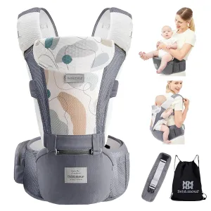 Bebamour Baby Carrier Newborn to Toddler-2 in 1 Hip Seat & Carrier Front and Back Carry with Head Hood & 3 Pieces Teething Pads& Waist Extenders & Storage Bag 0-36 Months (Grey)