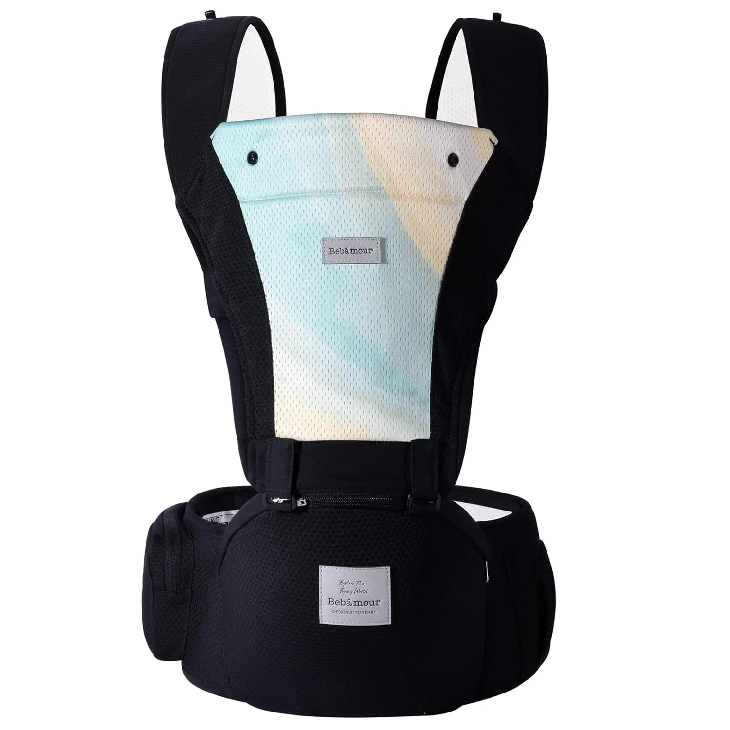 Bebamour Baby Carrier Newborn to Toddler-2 in 1 Hip Seat & Carrier Front and Back Carry with Head Hood & 3 Pieces Teething Pads& Waist Extenders & Storage Bag 0-36 Months (New Black)