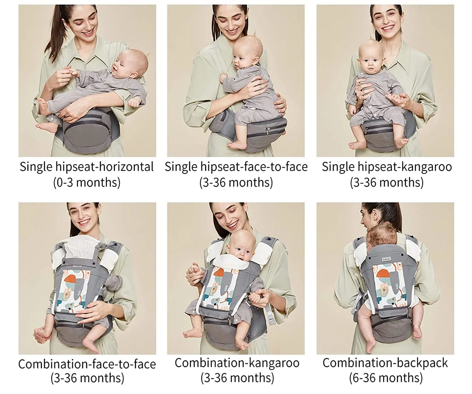 Bebamour Baby Carrier Newborn to Toddler-2 in 1 Hip Seat & Carrier Front and Back Carry with Head Hood & 3 Pieces Teething Pads& Waist Extenders & Storage Bag 0-36 Months (New Grey)