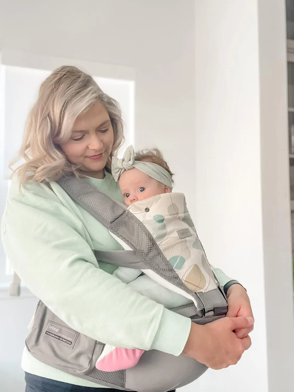 Bebamour Baby Carrier Newborn to Toddler-2 in 1 Hip Seat & Carrier Front and Back Carry with Head Hood & 3 Pieces Teething Pads& Waist Extenders & Storage Bag 0-36 Months (New Grey)