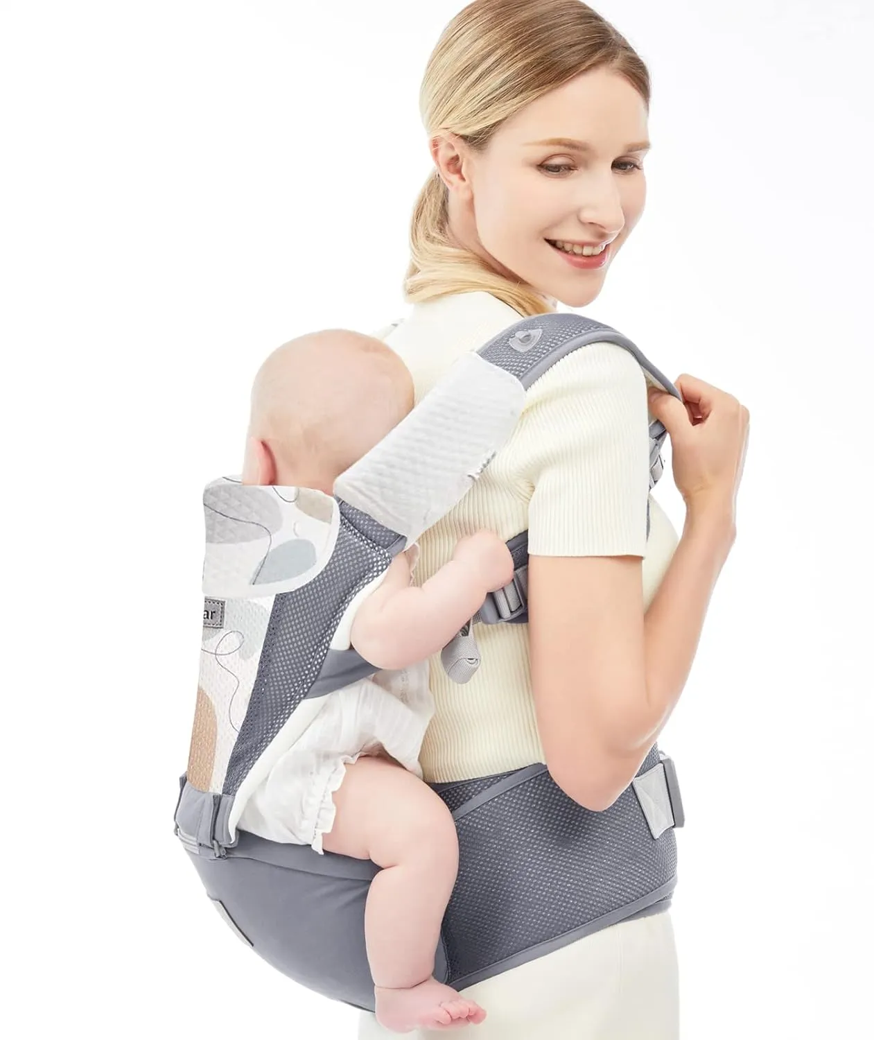 Bebamour Baby Carrier Newborn to Toddler-2 in 1 Hip Seat & Carrier Front and Back Carry with Head Hood & 3 Pieces Teething Pads& Waist Extenders & Storage Bag 0-36 Months (New Grey)