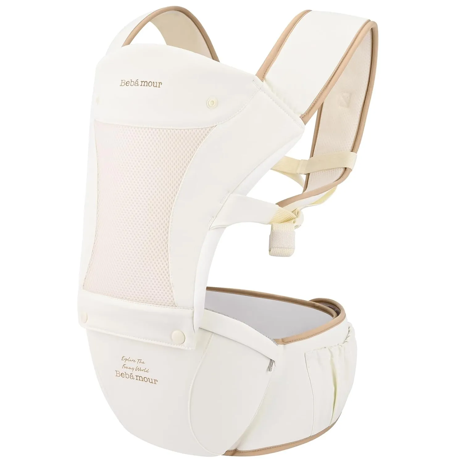 Bebamour Baby Carrier Safety-Certified Hip Seat Baby Carrier Newborn to Toddler Baby Hipseat 0-36Months with Head Hood, 3 PCS Teething Pads, Waist Extender & Storage Bag (New Khaki)