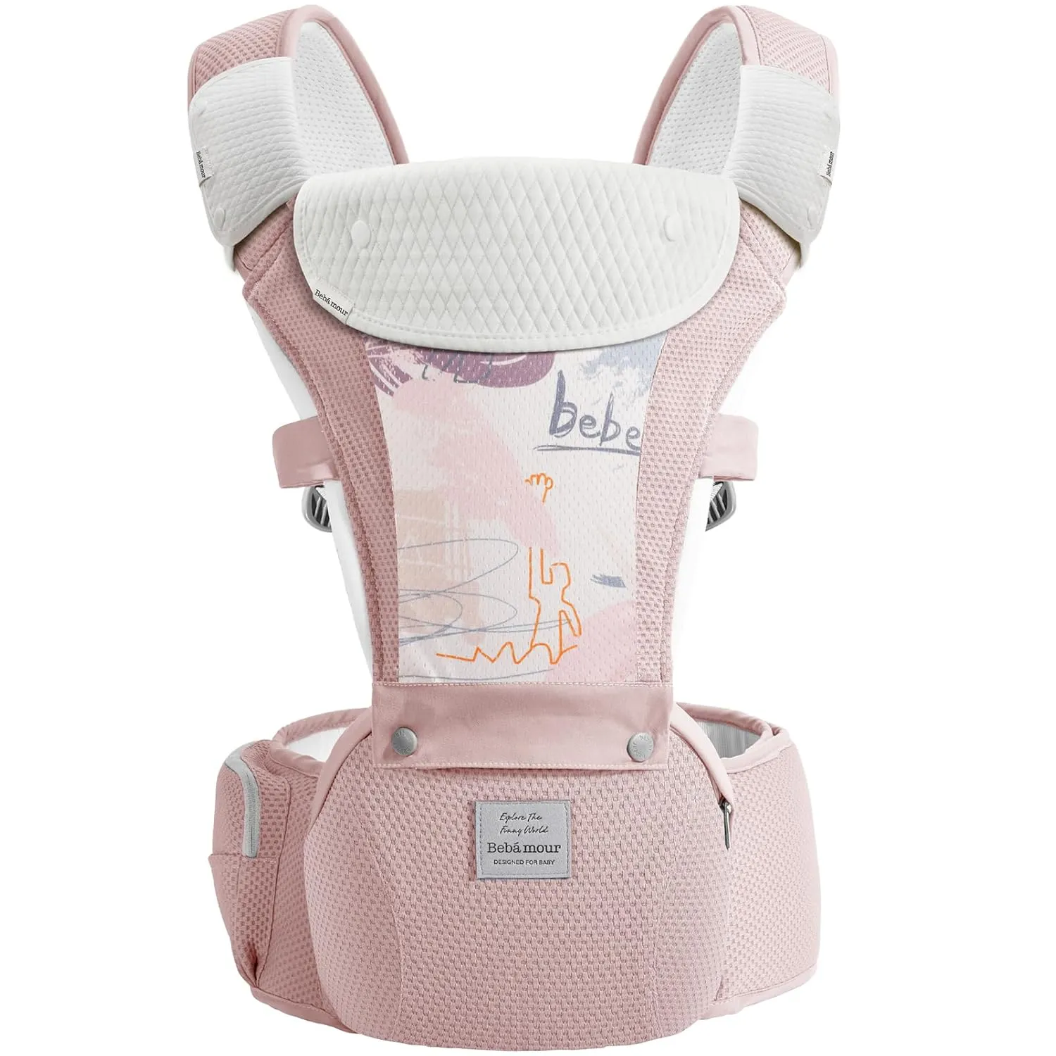 Bebamour Baby Carrier Safety-Certified Hip Seat Baby Carrier Newborn to Toddler Baby Hipseat 0-36Months with Head Hood, 3 PCS Teething Pads, Waist Extender & Storage Bag,Pink Print