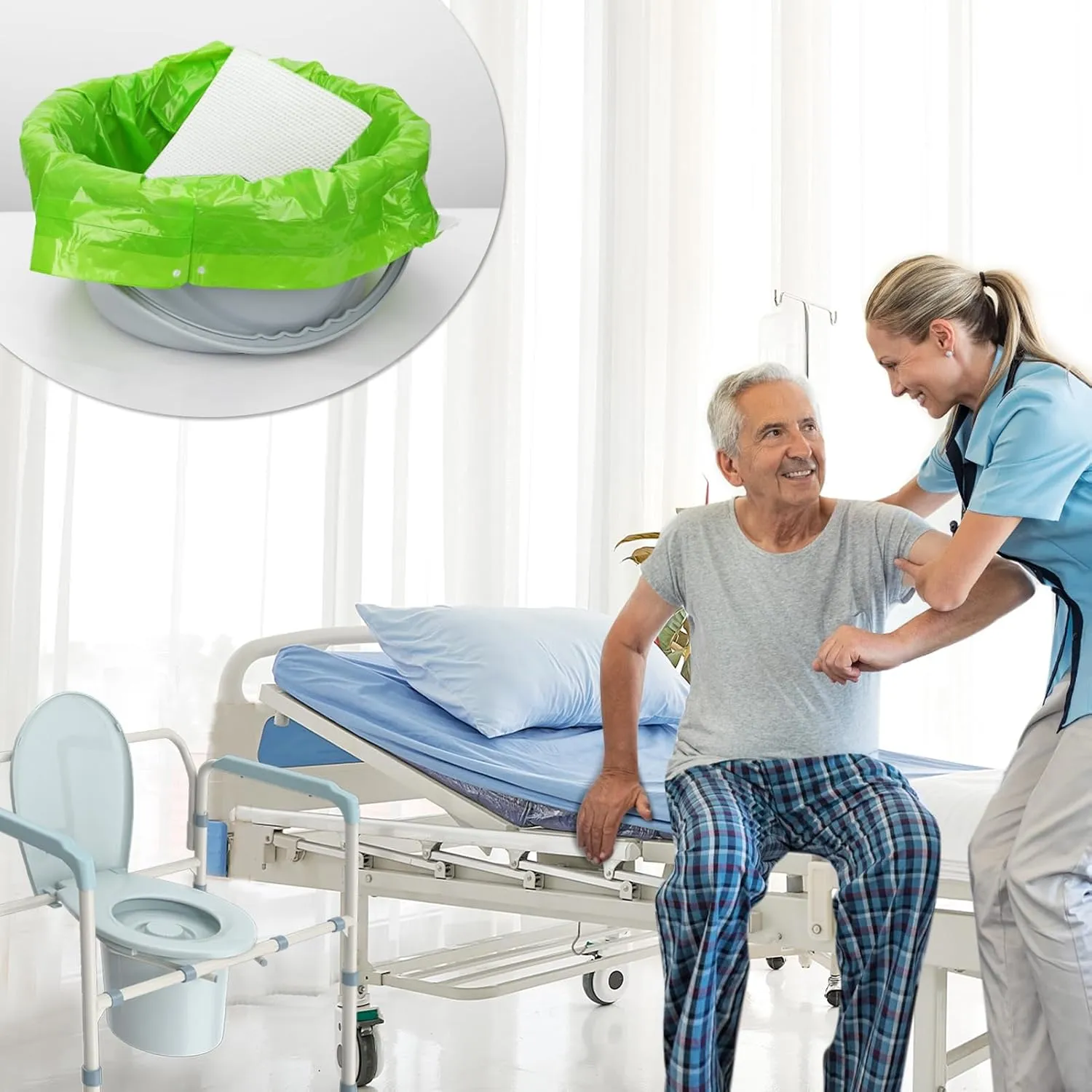 Bedside Commode Liners with Absorbent Pads,100 Disposable Commode Bags and 100 Pads, Scented Adult Potty Chair Liners, Portable Commode Poop Bags for Commode Chair, Bedpan, Bucket Toilet