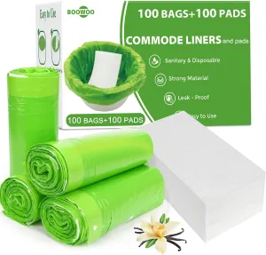 Bedside Commode Liners with Absorbent Pads,100 Disposable Commode Bags and 100 Pads, Scented Adult Potty Chair Liners, Portable Commode Poop Bags for Commode Chair, Bedpan, Bucket Toilet